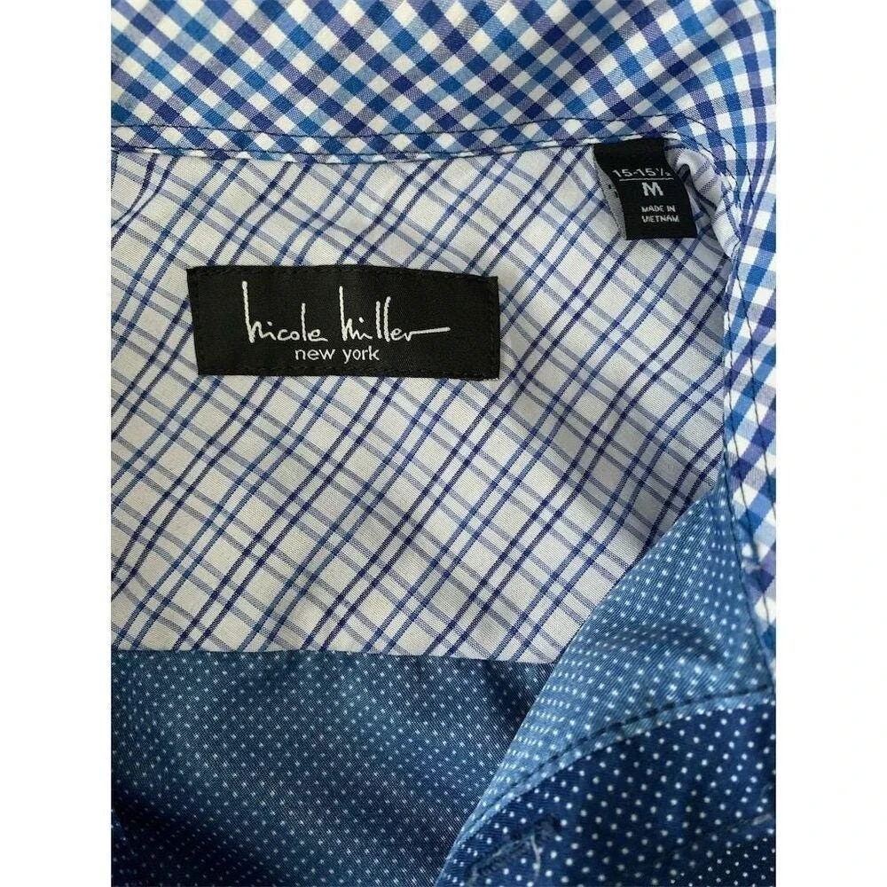 Nicole Miller New York Men's M Blue Polka Dot Long Sleeve Button-Up Shirt
